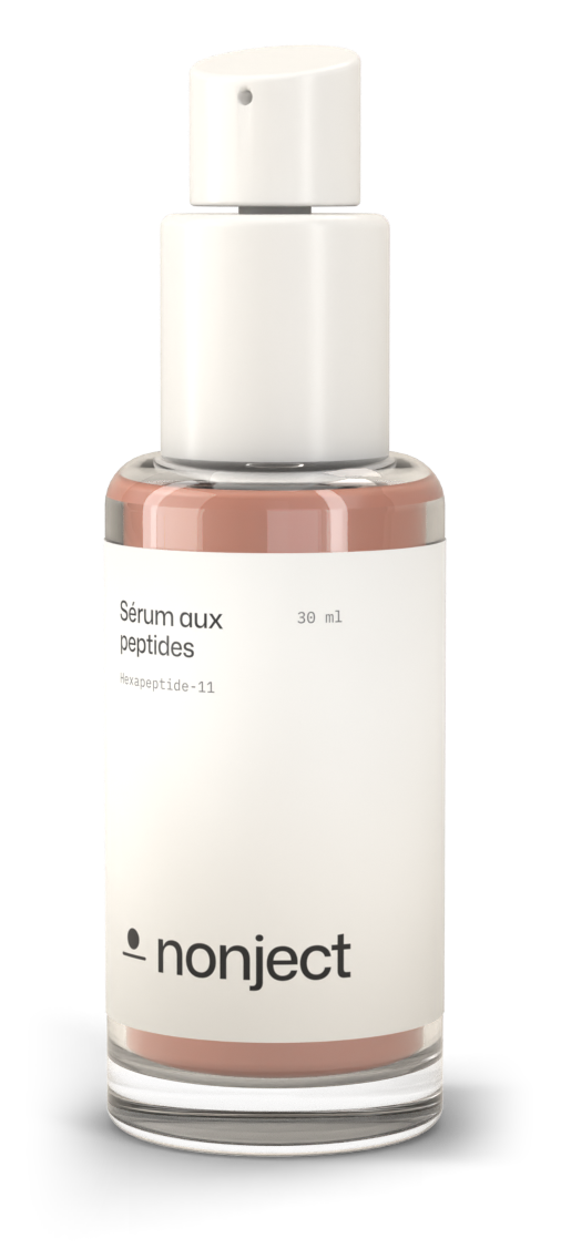 Flacon pompe en verre de 30 ml du sérum aux peptides Nonject, gel-crème rose, avec son étiquette